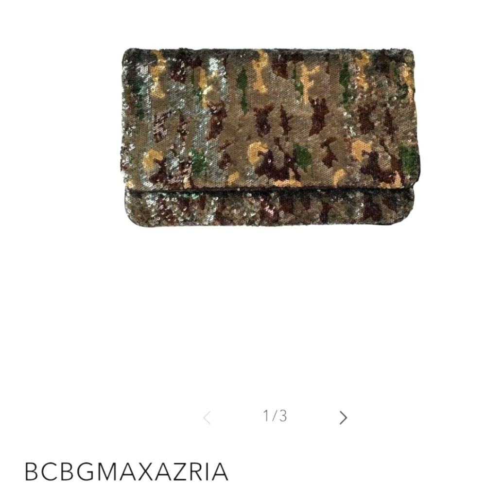 BCBGMAXAZRIA Sequin Camo Foldover Clutch Green Gold Brown Black